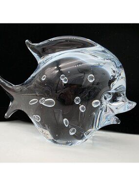 Marcolin Sweden Art Glass Paperweight Fish Figure Bubbles 4.75" Tall